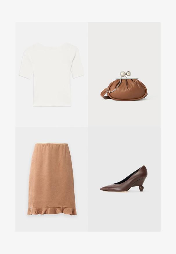 Hvid ribbet kortærmet top med en bred udskæring. Teksturen har lodrette striber, der fremhæver en tætsiddende pasform og et enkelt design.; Brun tekstureret nederdel med en flæse i kanten, lavet af et blødt stof der falder let, designet med en elastisk talje for komfort.; Brune læder wedge pumpe med spids tå og en rund, kugleformet hæl. Glat tekstur med et enkelt design og minimalt med detaljer.; Brun læder clutch-pung med sølv kugleklap og en lille sølv kædedetalje på en hvid baggrund.
