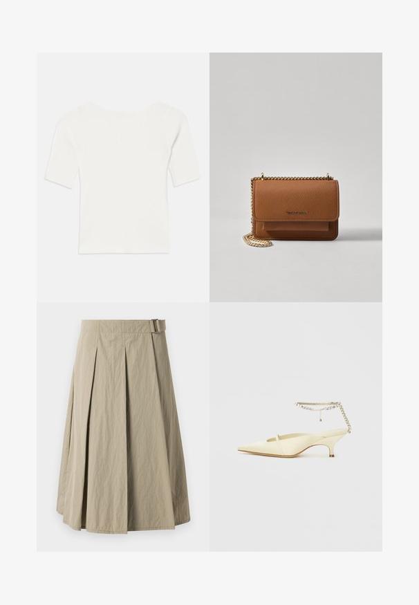 Fehér bordázott, rövid ujjú felső széles nyakkivágással. A textúrája függőleges csíkokkal rendelkezik, hangsúlyozva a szoros illeszkedést és az egyszerű dizájnt.; Beige, plisszírozott szoknya sima textúrával, övhurkokkal és A-vonalú fazonnal, térd hosszúságú szabással.; Hegyes orrú sárga szatén slingback cipő alacsony sarokkal és díszített láncos bokapánttal, amelyen cirkónia kövek találhatók. Simább textúra, minimalista design.; Barna textúrájú bőr keresztbody táska arany lánc pánttal és fedélzárral. Az elején logó részlet és egy zseb található a fedél alatt.