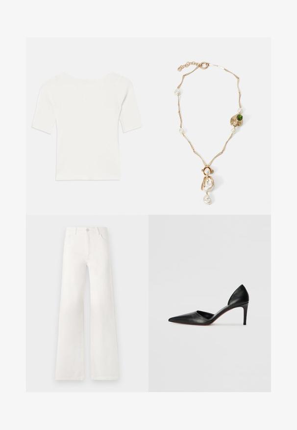 Valge sooniline lühikeste varrukatega topp laia kaelusega. Tekstuuril on vertikaalsed triibud, mis rõhutavad mugavat istuvust ja lihtsat disaini.; Valged, kõrge vöökohaga laiad teksad, mis on valmistatud denimist. Omab nupuga sulgemist, kahte esimest taskut ja külgede õmbluste detailseid õmblusi.; Must mustas nahkmatk kõrged kontsad terava ninaga, avatud külgedega ja štampuuri profiiliga. Omab õhukest kontsa ja punast tallavärvi aktsenti.; Kuldne kaelakee keerutatud linkidega, valgete pärlitega ja rohelise kivi aktsendiga. Omab keerukaid detaile ja klambrit kinnitamiseks.