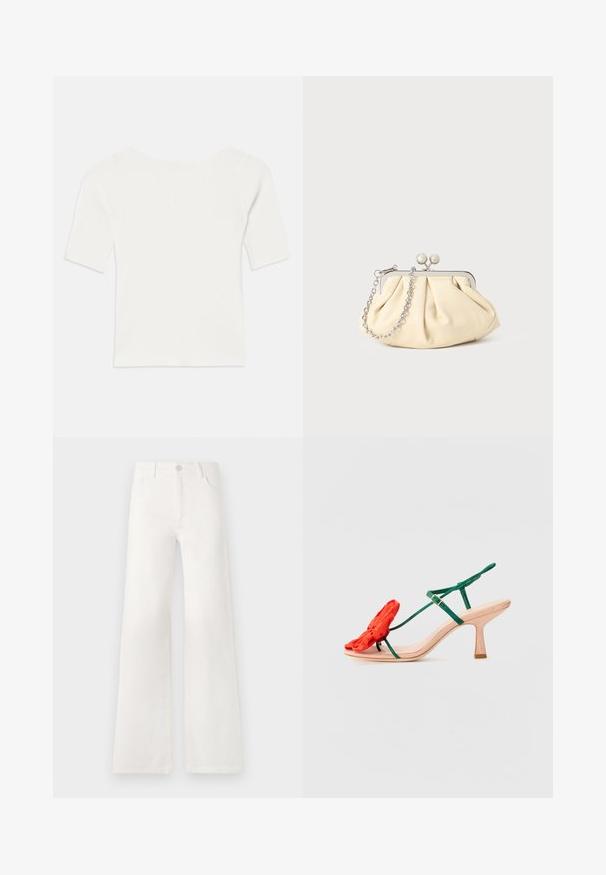 White ribbed short-sleeve top with a wide neckline. The texture features vertical stripes, emphasizing a snug fit and simple design.; White, high-waisted wide-leg jeans made of denim. Features a button closure, two front pockets, and side seams with stitching details.; Loeffler Randall FRANK - Ankle cuff sandals - nude/green/red; Pleated beige leather clutch with a silver metal frame, featuring two round decorative clasps and a silver chain strap.
