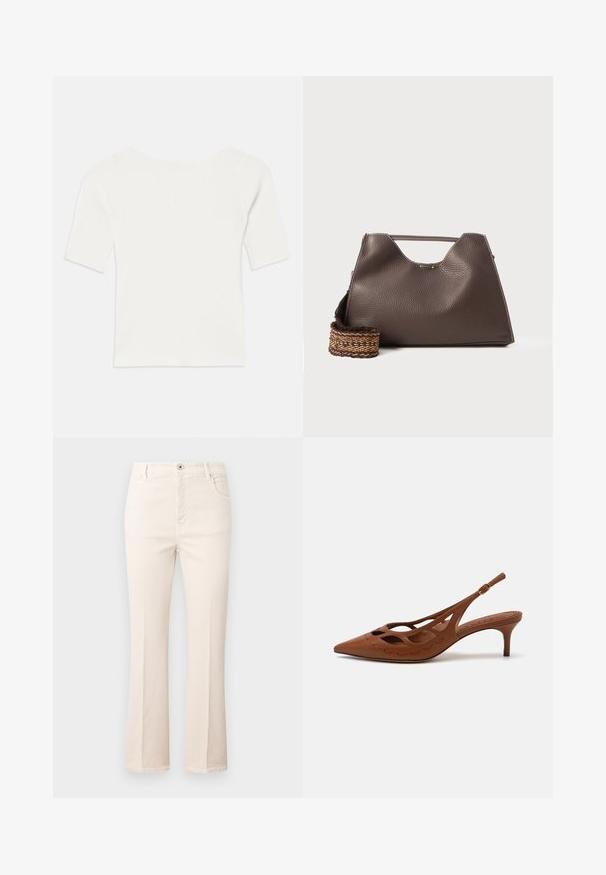 White ribbed short-sleeve top with a wide neckline. The texture features vertical stripes, emphasizing a snug fit and simple design.; Flared beige jeans made of cotton, featuring a high waist, five pockets, a button closure, and subtle stitching details.; Brown leather slingback heel with a pointed toe, cut-out design, and stitched detailing. Features a slender heel and adjustable strap.; Brown leather handbag with a textured finish, angular design, and a distinctive top handle. Features a patterned woven strap detail.