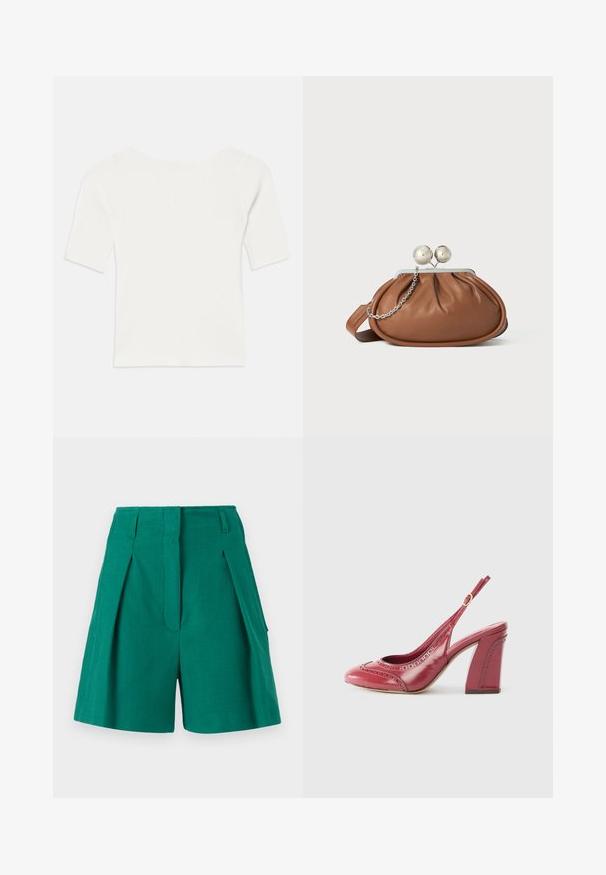 White ribbed short-sleeve top with a wide neckline. The texture features vertical stripes, emphasizing a snug fit and simple design.; Green shorts featuring a textured fabric, pleat detailing, and side pockets. The design is tailored with a high waist and straight cut.; Red patent leather slingback heel, featuring decorative perforations, a rounded toe, and a chunky heel for stability.; Brown leather clutch purse with silver ball clasp and a small silver chain detail on a white background.