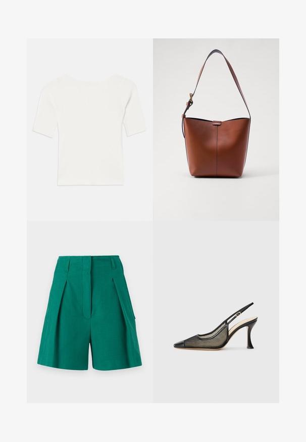Hvid ribbet kortærmet top med en bred udskæring. Teksturen har lodrette striber, der fremhæver en tætsiddende pasform og et enkelt design.; Grønne shorts med struktureret stof, detaljer med folder og sidelommer. Designet er skræddersyet med høj talje og lige snit.; Sort slingback højhælede sko med spids tå, mesh-detaljer og en glat læderhætte. Farverne inkluderer sort og beige accenter.; Brun læder skuldertaske med en buet form, glat tekstur og en enkelt tynd rem. Har en diskret søm og et lille logodesign.