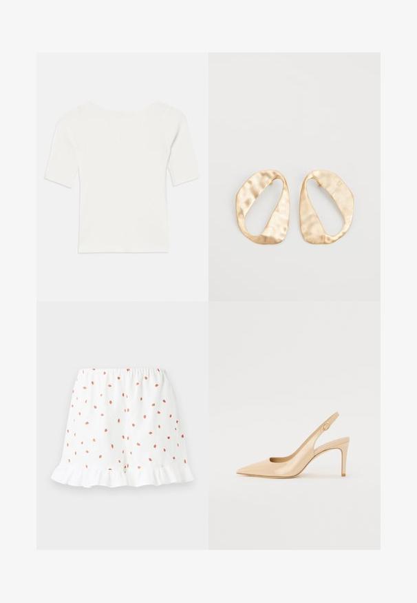 Valge sooniline lühikeste varrukatega topp laia kaelusega. Tekstuuril on vertikaalsed triibud, mis rõhutavad mugavat istuvust ja lihtsat disaini.; Valged lühikesed püksid väikeste punaste maasikaprintidega, volangääre ja elastse vöökoha mugavuse tagamiseks. Valmistatud kergest kangast.; Nude patenti nahkkingad kõrged kontsad, terava ninaga, avatud vamp ja õhuke stilettokonts. Omab ringikujulist kuldset aktsenti rihmal.; Eba paar eba ebaorditud ovaalkujulisi kuldehhe kaal setertu, kerge keersuju pinnaga valgel taustal.