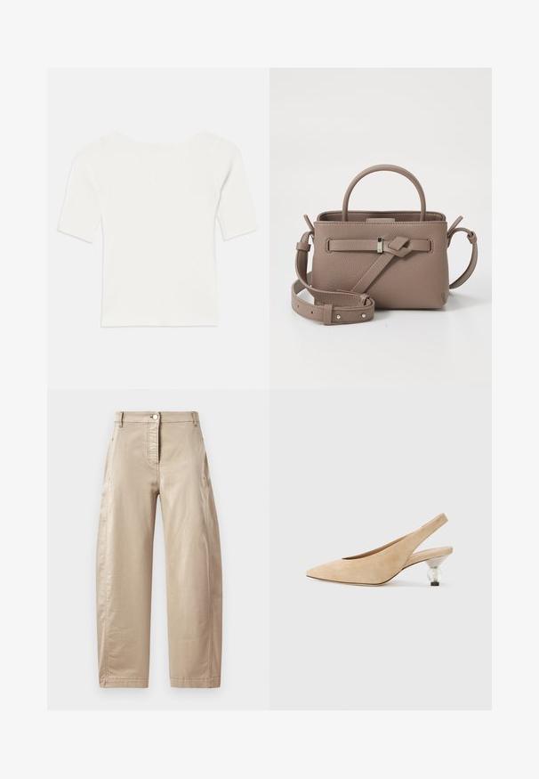 Vit ribbad kortärmad topp med vid halsringning. Texturen har vertikala ränder som betonar en tight passform och enkelt design.; Beige vida byxor i en mjuk bomullsblandning, med knäppning framtill, sidofickor och synliga sömnadsdetaljer.; Beige mockasinsko slingback-sko med spetsig tå och en transparent, rund klack. Slät yta och minimalistisk design.; Taupe texturerad läderhandväska med topphandtag, justerbar axelrem och dekorativ knutdetalj på en ren vit bakgrund.