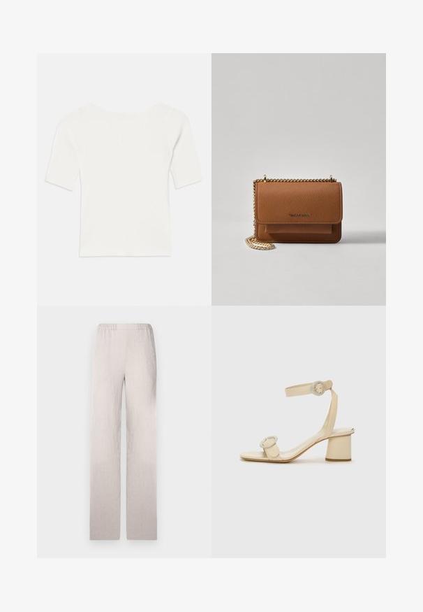 Fehér bordázott, rövid ujjú felső széles nyakkivágással. A textúrája függőleges csíkokkal rendelkezik, hangsúlyozva a szoros illeszkedést és az egyszerű dizájnt.; Világos bézs, széles szárú nadrág, amely texturált anyagból készült, elasztikus derékkal és sima felülettel rendelkezik. Formázott, egyenes sziluett.; Krémszínű, magassarkú szandál, minimalista dizájnnal, két kör alakú díszítéssel és vastag sarokkal. Simító bőrből készült.; Barna textúrájú bőr keresztbody táska arany lánc pánttal és fedélzárral. Az elején logó részlet és egy zseb található a fedél alatt.