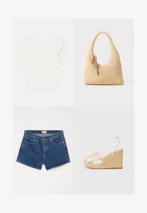 Balts ribots īsām piedurknēm tops ar plašu dekoltē. Raksts ietver vertikālas līnijas, uzsverot ciešu piegulšanu un vienkāršu dizainu.; Tumši zili džinsu šorti ar nedaudz izbalējušu apdari. Iespējas: pogu aizdare, jostas cilpas un priekšējās kabatas ar nedaudz piestrādātiem rotājumiem.; Soliņu sandaļi ar dabīgu jutu platformu, krēmkrasas auduma augšdaļu un diviem slāņotiem ziedu rotājumiem; ir plāns potītes siksniņa ar sprādzi.; Auduma bēšs rokassomu ar izliekto rociņu, strukturētu virsmu un brūna pušķa detaļu. Iespējama vaļīga, hobo forma.