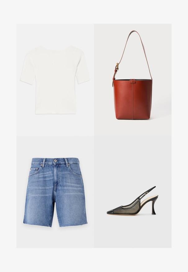 Bijeli rebrasti kratki rukav s širokim izrezom. Tekstura sadrži vertikalne pruge, naglašavajući uski kroj i jednostavan dizajn.; Svijetloplave traper šortse s ravnim krojem, rasparanim rubom, pet džepova i metalnim kopčanjem. Tkanina ima glatku teksturu s blagim izblijeđenjem.; Crne gležnjače s visokim potpeticama s dugim vrhom, mrežastim detaljima i glatkim kožnim vrhom. Boje uključuju crnu i bež naglaske.; Smeđa kožna torba u obliku kante s podesivim remenom za rame i zlatnim kopčanjem, jednostavna vertikalna šavova na prednjoj strani.