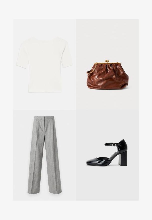 Balts ribots īsām piedurknēm tops ar plašu dekoltē. Raksts ietver vertikālas līnijas, uzsverot ciešu piegulšanu un vienkāršu dizainu.; Augsta josta pelēki bikses ar vertikālām svītrām un plašām taisnām kājām, izliktas uz balta fona.; Melna lakota ādas augstpapēžu kurpes ar kvadrātu purngalu, potītes siksniņu un masīlu papēdi. Iekļauj perforētu apdari gar malu.; Brūns ādas clutch soma ar zelta aizdari un īsu zelta ķēdes rokturi, kas iezīmējas ar mīkstu, sakļautu tekstūru uz baltā fona.
