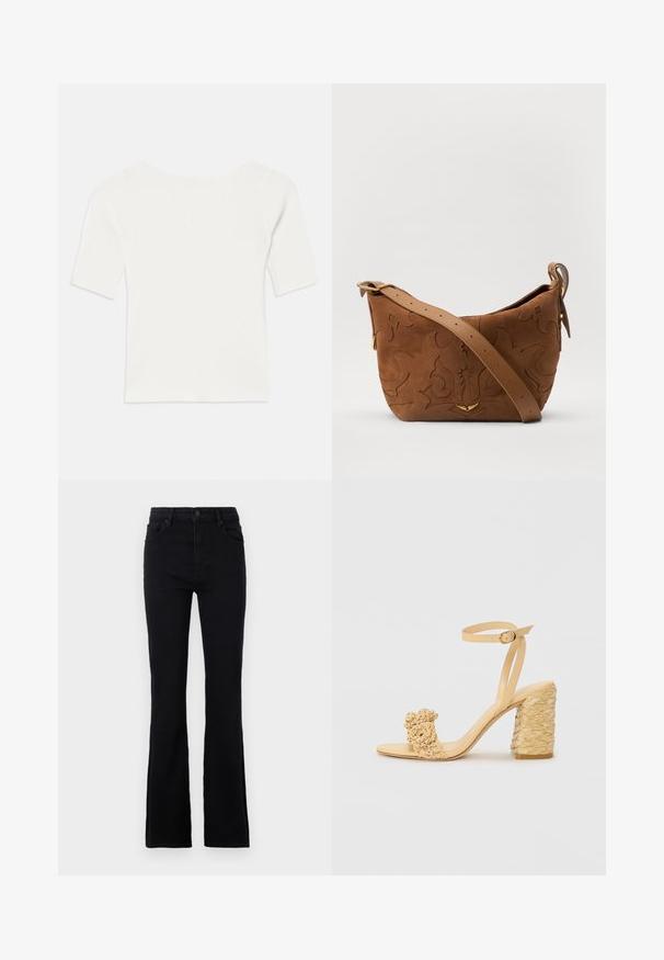 Haut blanc à col large et à manches courtes avec une texture côtelée. Les rayures verticales mettent en valeur une coupe ajustée et un design simple.; Jean évasé noir en tissu mélangé coton. Dispose d'une fermeture à bouton, de passants de ceinture et de deux poches avant pour un usage pratique.; Sandale à talons hauts beige avec une texture tressée, ornée d'une fleur décorative et d'une bride à la cheville. Le talon carré ajoute de la stabilité.; Sac à épaule en suede marron avec un motif floral en relief, complété par une bandoulière en cuir marron lisse et des accents en métal doré.