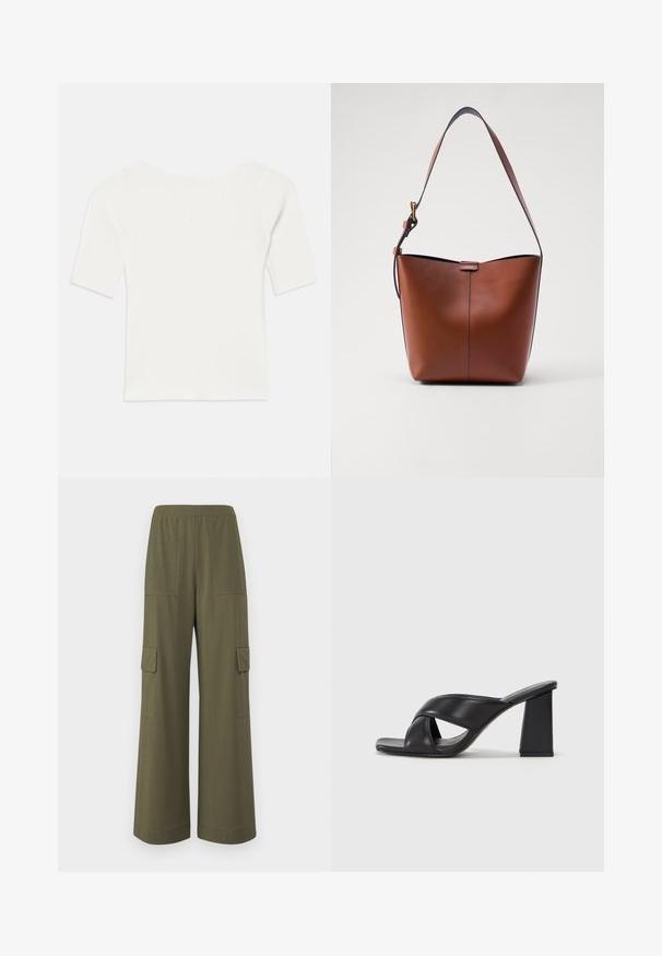Hvid ribbet kortærmet top med en bred udskæring. Teksturen har lodrette striber, der fremhæver en tætsiddende pasform og et enkelt design.; Bredbenede cargo-bukser i olivengrøn, lavet af åndbart stof, med sidelommer og en afslappet pasform med en flad talje.; MAX&Co. SOHO - Højhælede sandaletter / Højhælede sandaler - schwarz; Brun læder skuldertaske med en buet form, glat tekstur og en enkelt tynd rem. Har en diskret søm og et lille logodesign.