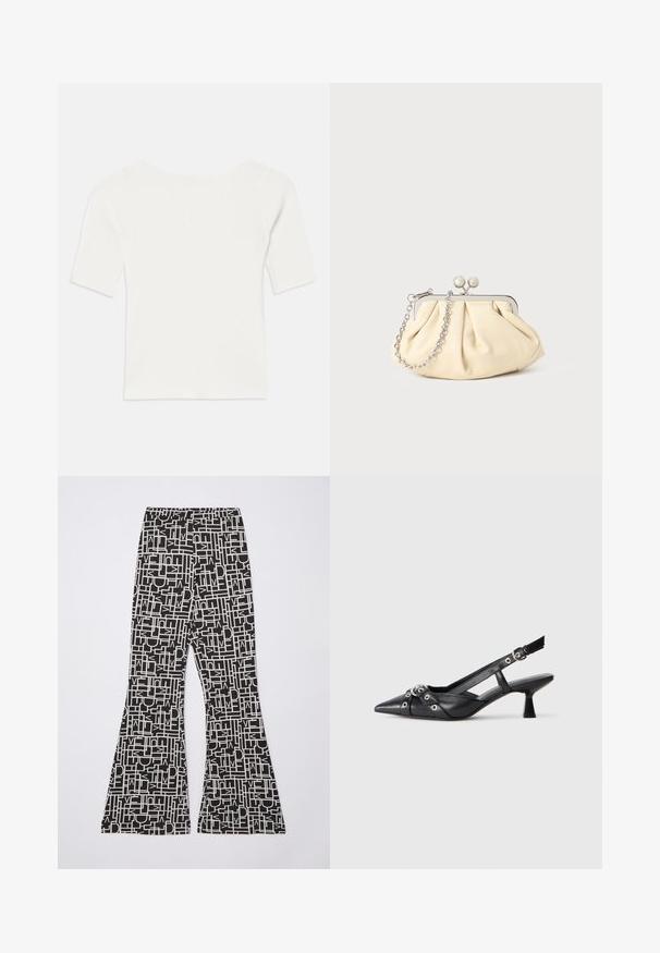 Bílý kratší top s pruhovaným vzorem a širokým výstřihem. Textura obsahuje vertikální pruhy, které zdůrazňují těsný střih a jednoduchý design.; Diane von Furstenberg BROOKLYN PANTS - Kalhoty - black; Černé kožené slingback boty s špičatou špičkou, dekorativními pásky s kovovými očky a nízkým blokovým podpatkem. Texturovaný povrch.; Plisovaná béžová kožená kabelka na psaní s rámem ze stříbrného kovu, vybavená dvěma kulatými dekorativními uzávěry a stříbrným řetízkem.