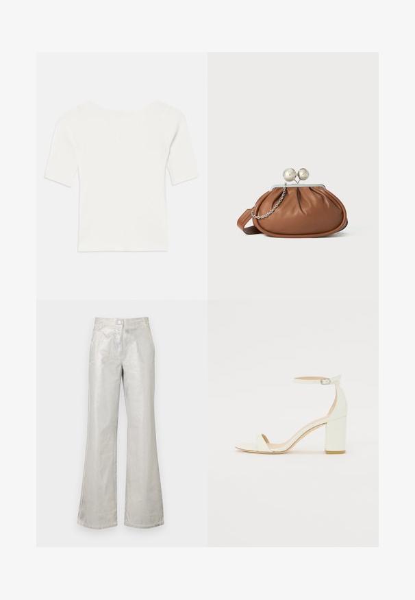 Biała, prążkowana bluzka z krótkim rękawem i szerokim dekoltem. Tekstura posiada pionowe paski, podkreślające dopasowany krój i prosty design.; Srebrne rozszerzane spodnie wykonane z błyszczącego materiału, z przodem na guzik, dwiema kieszeniami i widocznymi detalami szycia.; Białe skórzane sandały na blokowym obcasie z paskiem wokół kostki z klamrą i minimalistycznym wzornictwem. Otwarty przód oraz gładkie tekstury na całej powierzchni.; Brązowa skórzana kopertówka z srebrnym zapięciem w kształcie kuli oraz małym srebrnym łańcuszkiem na białym tle.