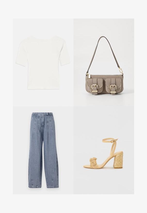 White ribbed short-sleeve top with a wide neckline. The texture features vertical stripes, emphasizing a snug fit and simple design.; Light blue denim wide-leg trousers with a wrinkled texture, featuring a high waistband and vertical seam detailing along the legs.; Beige high-heeled sandal with a braided texture, featuring a decorative flower and ankle strap. Square-shaped heel adds stability.; Beige textured handbag with adjustable strap, two front pockets secured by buckles, and gold hardware accents. Zipper closure at the top.