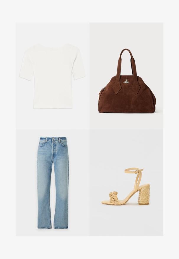 Balta raukšlėta trumpomis rankovėmis palaidinė su plačiu kaklu. Tekstūra turi vertikalias juosteles, pabrėžiančias tvirtą prigludimą ir paprastą dizainą.; Šviesiai mėlyni džinsai, pagaminti iš denimo, su tiesiomis kojomis, aukštu liemeniu, diržo kilpomis ir klasikinio penkių kišenių dizainu. Medžiagoje yra subtilus nublukimas.; Bežiniai aukšti kulniukai su pintu tekstūra, puošiami dekoratyvine gėle ir kulkšnies dirželiu. Kvadratinis kulnas suteikia stabilumo.; Ruda zomšo rankinė su struktūrine forma, apvaliu kūnu ir pailgom rombo formos rankenom. Yra sidabro spalvos uždarymo mechanizmas.