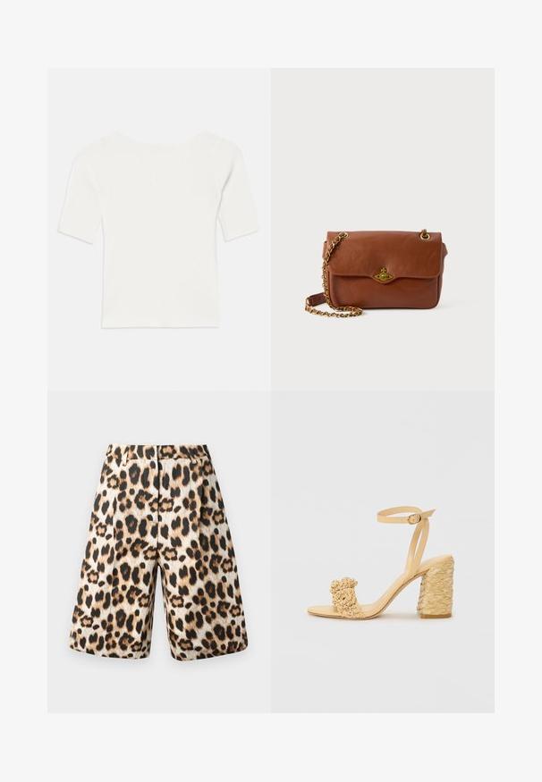 Bela rebrasta majica s kratkimi rokavi in širokim izrezom. Tekstura prikazuje navpične črte, kar poudarja tesno prileganje in preprost dizajn.; Šorts z vzorcem geparda, ki združujejo bež in črne odtenke, z draperijami in stranskimi žepi. Narejeni so iz gladkega materiala z sijočim zaključkom.; Beige sandala na visokom potplatu s pletenom teksturom, s dekorativnim cvijetom i remenom oko gležnja. Kvadratna peta osigurava stabilnost.; Rjava usnjena torba čez ramo s pokrovom, zlatim okovjem in verižnim trakom. Gladka tekstura, pravokotna oblika, minimalno podrobnosti.