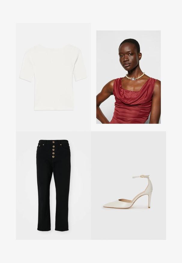 Top blanco de manga corta acanalado con un escote amplio. La textura presenta rayas verticales, enfatizando un ajuste ceñido y un diseño sencillo.; Jeans de mezclilla negra con una forma ajustada, que cuentan con una cintura alta y un cierre de cinco botones. Incluyen dos bolsillos frontales y herrajes en tono dorado.; Zapato de tacón alto de cuero blanco con punta afilada, correa en el tobillo y un delgado tacón de aguja. Textura lisa con un sutil acabado brillante.; Vestido de color rojo intenso con cuello de cisne y una textura suave. Presenta un collar de perlas con un acento decorativo de plata en el centro.