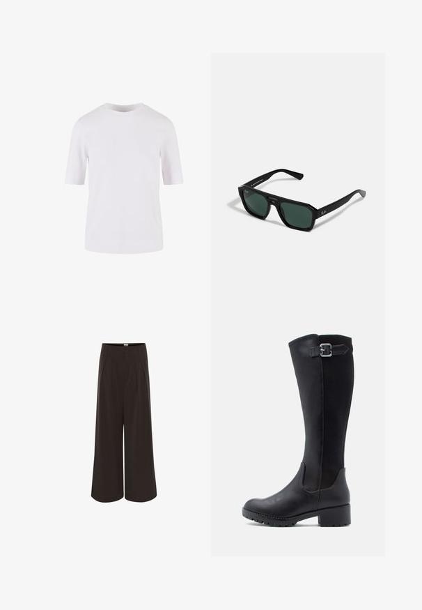 Biele tričko s krátkym rukávom z hladkej bavlny. Má okrúhly výstrih a rovný strih, bez vzorov a ozdôb.; Široké nohavice z tmavohnedého materiálu, s vysokým pásom a prednými záhybmi. Hladká textúra s zúženým zakončením na členkoch.; Čierne čižmy po kolená s hladkým koženým predným dielom, sieťovými panelmi a nízkym blokovým podpätkom so strapcom a detailom s prackou.; Čierne obdĺžnikové slnečné okuliare so zelenými šošovkami. Vyrobené z plastu s osemuholníkovým tvarom a hladkým povrchom. Na boku s logom Ray-Ban.