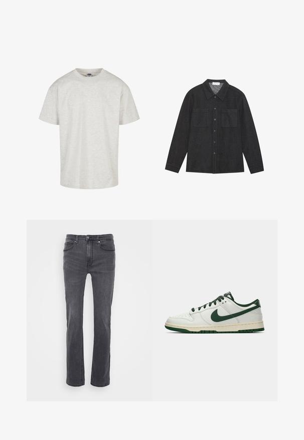 Svijetlosivi pamučni majica s kratkim rukavima, okruglim izrezom i opuštenim krojem. Teksturirana tkanina s suptilnim meliranim uzorkom.; Tamno siva košulja od teksturirane tkanine, s oštrim kragnom, dugim rukavima i zakopčavanjem sprijeda, te dva džepa na prsima. Rukavi su dugi i završavaju s dugmadima.; Sive traperice s ravnim nogavicama, sa prednjim džepovima i klasičnim zatvaranjem na dugme. Glatka tekstura s blagim izbljeđenjem.; Bjele tenisice niskog profila s tamnozelenim Nike swooshom, vezicama i naglascima na đonu, prikazane u profilu na jednostavnoj bijeloj pozadini.