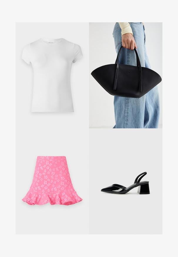 Valge lühikeste varrukatega T-särk, mis on valmistatud siledast puuvillast, ümarate kaelustega ja kitsas siluetiga, millel on peened õmblused.; Roosa laienev seelik, millel on reljeefsed lillemustrid, volangäär ja sile tekstuur. Üle põlve ulatuv pikkus ja sobiv vöökoht.; Mustad musta lakknahk kingad, millel on terav varvas ja geomeetriline plokkkonts. Omab elegantselt minimalistlikku disaini ja sujuvat tekstuuri.; Must mustra kott, millel on unikaalne fännikujuline disain, millel on lapikud käepidemed. Pinna tekstuur on kivikujuline ja disain on minimalistlik.