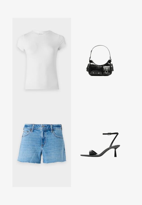 Biele tričko s krátkym rukávom vyrobené z hladkej bavlny, s okrúhlym výstrihom a priliehavým strihom, so subtílnymi detailmi stehov.; Džínové šortky vo svetlom modrom odtieni, s časťou s surovým okrajom, dizajnom s piatimi vreckami a zlatou gombíkovou sponou. Hladká textúra s miernym vyblednutím.; Bershka Sandále na vysokom opätku - black; Čierna laková kožená kabelka s ohnutým tvarom, jedným ramenným popruhom, prednými vreckami a striebornými kovovými doplnkami.