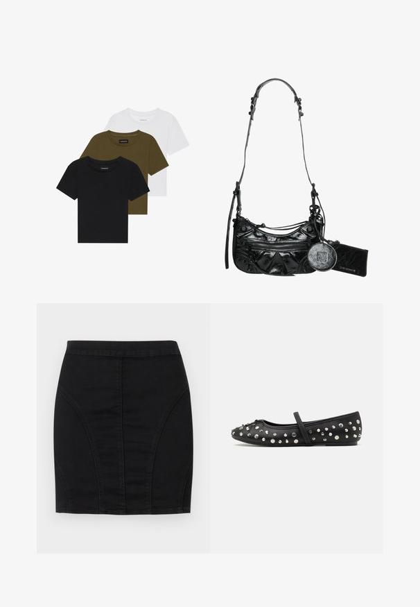 Kolme pyöreäkaulaista t-paitaa mustana, oliivinvihreänä ja valkoisena. Lyhyet hihat, ribbireunat ja istuva malli.; Mustat farkkuminihame, jossa on istuva malli, strukturoidut paneelit ja näkyvät saumat lisäyksinä. Tasainen pinta ja tyylikäs siluetti.; Mustat balettikengät, jotka on valmistettu nahasta ja joissa on koristeelliset hopeiset niitit. Niissä on hihna vaipan päällä ja pyöreä kärki.; Musta synteettisestä nahasta valmistettu käsilaukku, jossa on kaareva muotoilu, vetoketjullinen etutasku ja koristeelliset metalliosat, sekä irrotettava pyöreä kolikkopussi.