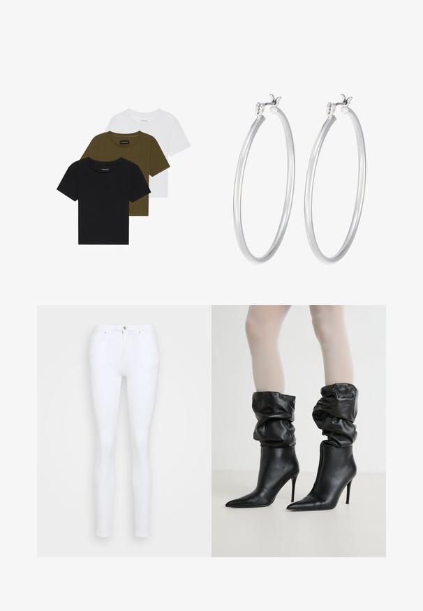 Trīs kreklveida t-krekli melnā, olīvzaļā un baltā krāsā. Īsas piedurknes, ribota apkakle un pieguļoša dizains.; Balti skinny džinsi, izgatavoti no denima, ar augstu jostasvietu, piecām kabatām, pogu aizdari un gludu, vienmērīgu tekstūru.; Melnas ādas potīšu zābaki ar brīvu dizainu, smailu purngalu un augstu stiletto papēdi, kas piedāvā mīkstu, strukturētu apdari ap potīti.; Sudraba riņķveida auskari ar gludu, spīdošu apdari, minimālisma dizainu un drošu aizdari augšpusē.