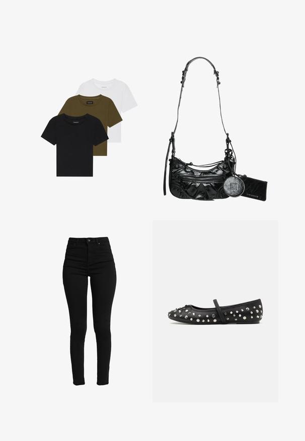 Drei Rundhals-T-Shirts in Schwarz, Olivgrün und Weiß. Kurzarm, gerippte Ausschnitte und eine körperbetonte Passform.; Schwarze hochtaillierte Skinny Jeans aus Stretch-Denim, mit einem vorderen Knopf, Reißverschluss sowie fünf Taschen für Funktionalität.; Schwarze Ballerinas aus Leder mit dekorativen silbernen Nieten. Enthält einen Riemen über dem Spann und eine abgerundete Zehenform.; Schwarze synthetische Lederhandtasche mit geschwungenem Design, einem mit Reißverschluss versehenen Frontfach und dekorativer Hardware sowie einem abnehmbaren runden Münzbeutel.