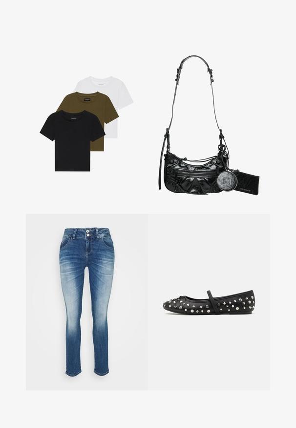 Trīs kreklveida t-krekli melnā, olīvzaļā un baltā krāsā. Īsas piedurknes, ribota apkakle un pieguļoša dizains.; LTB Ļoti pieguloši džinsi - lilliane wash; Melnas balerīnas, kas izgatavotas no ādas, ar dekoratīviem sudraba uzplaiksnījumiem. Ietver siksnu pāri instepam un ar noapaļotu pirksta dizainu.; Melnas sintētiskās ādas rokassoma ar izliekta dizaina, ar rāvējslēdzēju priekšējo kabatu un dekoratīvu aparatūru, kā arī noņemamu apaļu monētu maciņu.