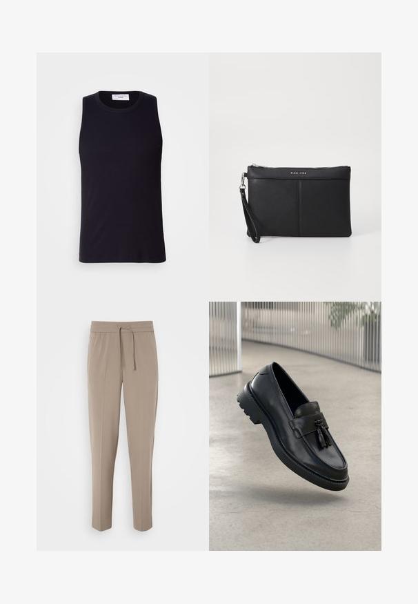 Top negru fără mâneci, realizat din material ribat, având un decolteu rotund și o margine dreaptă. Textură netedă cu detalii minime.; Pantaloni bej deschis cu un brâu elastic, șnur ajustabil și picioare conice. Materialul pare neted, cu un ușor luciu.; Mocasini negri din piele cu finisaj neted, ciucure decorativ, talpă groasă din cauciuc și accente cusute. Design ușor și elegant.; Clutch sintetic negru cu închidere cu fermoar, curea pentru încheietură și textură netedă. Prezintă cusături subtile și un logo în relief pe față.