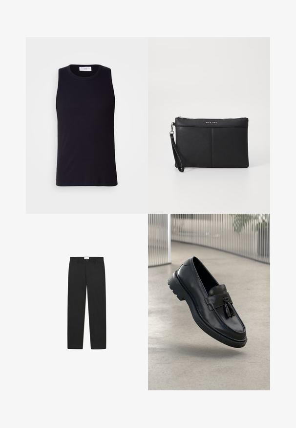 Juodas be rankovių marškinėlis iš raiboto audinio, su apvaliu iškirpimu ir tiesiu apatine kraštine. Glotni tekstūra su minimaliais akcentais.; Juodi kelnės su tiesaus kirpimo dizainu, pagamintos iš glotnaus audinio, turinčios dvi priekinės kišenes ir standartinį juosmenį.; Juodi odiniai bateliai be užsegimo su lygiu paviršiumi, dekoratyvine kutu, stora guminė pado danga ir siūtais akcentais. Lengvi ir elegantiško dizaino.; Juodas sintetinis delninukas su užtrauktuku, rankena ir lygia tekstūra. Yra švelni siuvinėta detalė ir logotipas išlygintas priekyje.