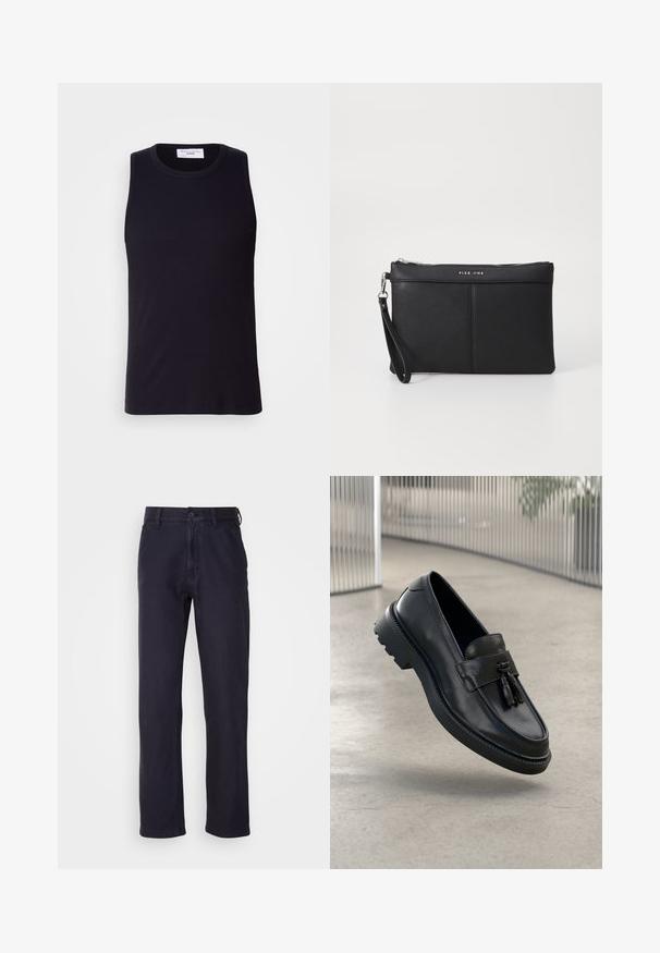 Čierny bezrukávový top z rebrovanej tkaniny, s okrúhlym výstrihom a rovnými lemami. Hladká textúra s minimálnym detalizovaním.; Námořnické chinos vyrobené z bavlněné směsové tkaniny, s zapínáním na knoflík, rovnými nohavicemi a minimálními akcenty pro klasický vzhled.; Čierne kožené mokasíny s hladkým povrchom, dekoratívnym strapcom, hrubou gumovou podrážkou a prešívanými detailmi. Ľahký a elegantný dizajn.; Čierna syntetická kabelka na ruku so zipsovým uzáverom a hladkým povrchom. Obsahuje jemné prešitie a logo vyrazené na prednej strane.
