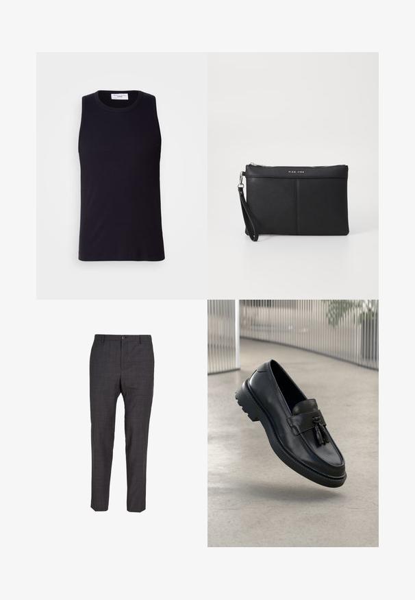 Fekete ujjatlan trikó bordás anyagból, kerek nyakkivágással és egyenes aljjal. Simaság jellemzi, minimális részletezéssel.; Sötétszürke, testre szabott nadrág, texturált anyagból készült, lapos elülső résszel, övhurkokkal és egygombos zárással.; Fekete bőrből készült mokaszinok sima felülettel, díszes bojttal, vastag gumitalppal és varrott részletekkel. Könnyű és elegáns kialakítás.; Fekete szintetikus pénztárca cipzárral, csuklópánttal és sima felülettel. Finom varrás és a logó dombornyomott a fronton.