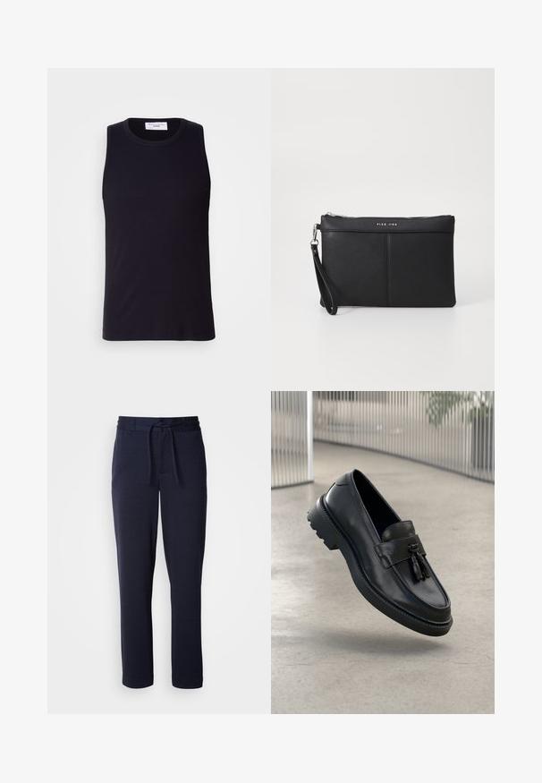 Musta hihaton t-paita ribbikankaasta, joka on varustettu pyöreällä pääntiellä ja suoralla helman leikkauksella. Sujuva pinta, jossa on minimaalinen yksityiskohtaisuus.; Tummansininen jogginghousut, jotka on valmistettu pehmeästä kankaasta. Niissä on elastinen vyötärö, jossa on nyöri, kapeneva lahkeiden malli, eikä näkyviä kuvioita tai taskuja.; Mustat nahkaiset loafersit, joissa on sileä pinta, koristeellinen hapsu, paksu kumipohja ja ommellut yksityiskohdat. Kevyt ja virtaviivainen muotoilu.; Mustat synteettiset hihnataskut, joissa on vetoketjukiinnitys, ranneunos ja sileä pinta. Sisältää hienovaraisia ompeleita ja kohokuvioidun logon etupuolella.