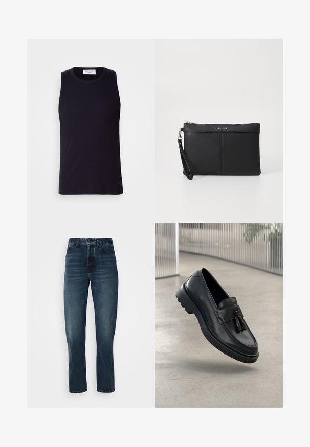 Musta hihaton t-paita ribbikankaasta, joka on varustettu pyöreällä pääntiellä ja suoralla helman leikkauksella. Sujuva pinta, jossa on minimaalinen yksityiskohtaisuus.; Tummansiniset suorat farkut, joissa on edessä nappi ja vetoketjukiinnitys, viisi taskua ja hienoinen kuluminen reiden ja polvien alueella.; Mustat nahkaiset loafersit, joissa on sileä pinta, koristeellinen hapsu, paksu kumipohja ja ommellut yksityiskohdat. Kevyt ja virtaviivainen muotoilu.; Mustat synteettiset hihnataskut, joissa on vetoketjukiinnitys, ranneunos ja sileä pinta. Sisältää hienovaraisia ompeleita ja kohokuvioidun logon etupuolella.