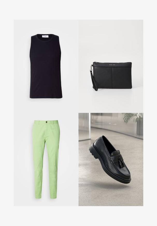 Schwarzes, ärmelloses Tanktop aus geripptem Stoff, mit Rundhalsausschnitt und geradem Saum. Glatte Textur mit minimaler Detailgestaltung.; Helles grünes Baumwollhose mit schlanker Passform, ausgestattet mit einem einzelnen braunen Knopfverschluss und Standardtaschen, glatte Textur, ohne Muster.; Pier One Slipper - black; Schwarze synthetische Clutch mit Reißverschluss, Handgelenkschlaufe und glatter Textur. Verfügt über dezente Nähte und ein geprägt auf der Vorderseite angebrachtes Logo.