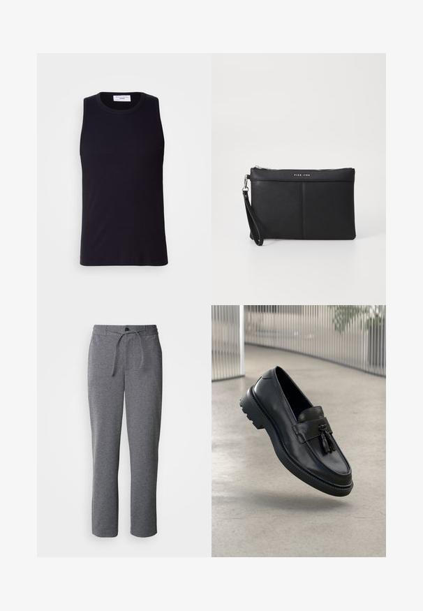 Svart ermeløs tanktopp laget av ribbet stoff, med rund halslinning og rett kant. Glatt tekstur med minimalt med detaljer.; Grå joggebukser laget av mykt stoff, med snor i livet, rette ben og et enkelt, udekorert design.; Svarte skinnloafers med jevn finish, dekorativ dusk, tykk gummisåle og syede detaljer. Lettvektig og elegant design.; Svart syntetisk clutch med glidelås, håndleddsrem og en glatt tekstur. Har subtil søm og et logo preget på forsiden.