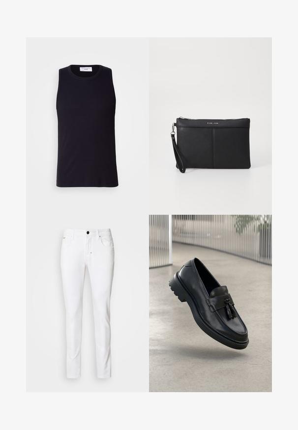 Fekete ujjatlan trikó bordás anyagból, kerek nyakkivágással és egyenes aljjal. Simaság jellemzi, minimális részletezéssel.; Fehér farmernadrág, egyenes szabással, klasszikus öt zsebes stílussal, fémből készült gombzárral és diszkrét varrási részletekkel.; Fekete bőrből készült mokaszinok sima felülettel, díszes bojttal, vastag gumitalppal és varrott részletekkel. Könnyű és elegáns kialakítás.; Fekete szintetikus pénztárca cipzárral, csuklópánttal és sima felülettel. Finom varrás és a logó dombornyomott a fronton.