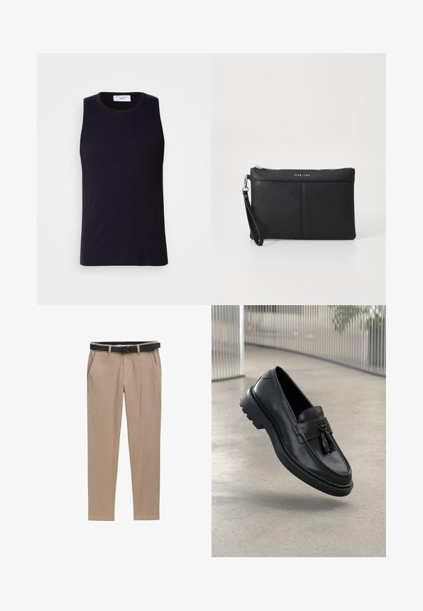 Black sleeveless tank top made of ribbed fabric, featuring a round neckline and a straight hem. Smooth texture with minimal detailing.; TOM TAILOR TRAVELER - Chinos - beige zig zag structure; Black leather loafers with a smooth finish, decorative tassel, thick rubber sole, and stitched accents. Lightweight and sleek design.; Black synthetic clutch with a zip closure, wrist strap, and a smooth texture. Features subtle stitching and a logo embossed on the front.