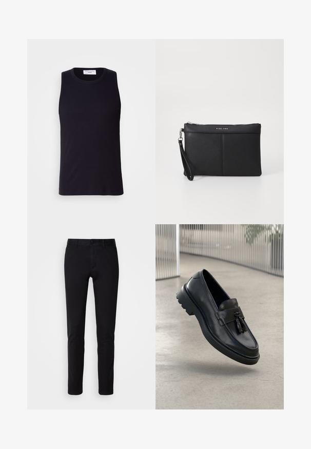 Juodas be rankovių marškinėlis iš raiboto audinio, su apvaliu iškirpimu ir tiesiu apatine kraštine. Glotni tekstūra su minimaliais akcentais.; Juodos kelnės, pagamintos iš lygaus medvilnės audinio, turinčios tiesaus kirpimo dizainą, priekinėmis kišenėmis, mygtuko uždarymu ir švariu apdaila.; Juodi odiniai bateliai be užsegimo su lygiu paviršiumi, dekoratyvine kutu, stora guminė pado danga ir siūtais akcentais. Lengvi ir elegantiško dizaino.; Juodas sintetinis delninukas su užtrauktuku, rankena ir lygia tekstūra. Yra švelni siuvinėta detalė ir logotipas išlygintas priekyje.