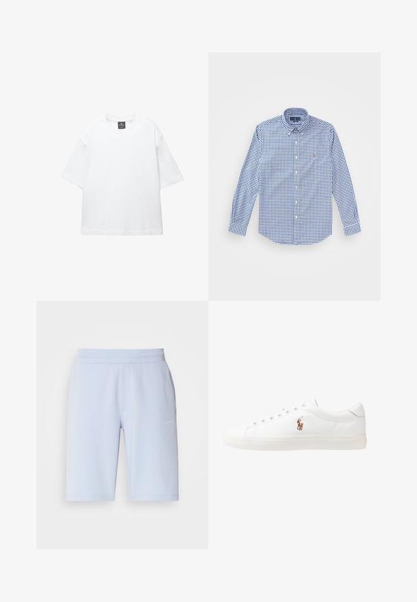 Fehér, rövid ujjú póló, pamutból készült, kerek nyakkivágással és laza, egyenes szabással. Nincsenek minták vagy díszítések.; Kék és fehér kockás, gombos galléros, hosszú ujjú ing, apró hímzett logóval a mellkasán. Pamut anyagból készült.; Világoskék sportnadrágok, puha anyagból készült, elasztikus derékkal és oldalsó zsebekkel. Kicsi logó részlet az elején.; Fehér bőr sportcipők, alacsony fazonban, sima textúrával, kerek orral, fűzős előlappal és egy kis hímezett logóval az oldalon.