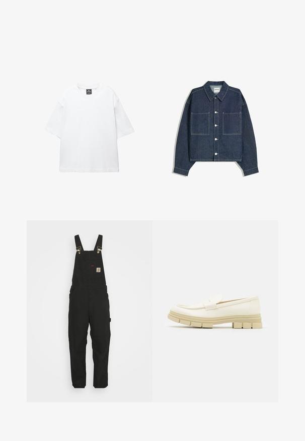 Fehér, rövid ujjú póló, pamutból készült, kerek nyakkivágással és laza, egyenes szabással. Nincsenek minták vagy díszítések.; Sötétkék farmer rövid dzseki hegyes gallérral, két elülső zsebbel és ezüst gombos záródással. Látható varrási részletek jellemzik.; Fekete pamut overál, állítható pántokkal, elülső zsebbel logóval, és két oldalzsebbel, lazább fazonnal.; Fehér bőr loafer vastag bézs gumitalppal, sima felülettel és egy csíkra van a felső részen. Minimalista dizájn.