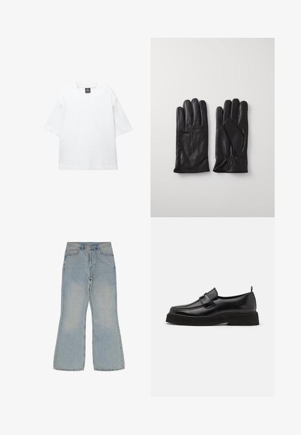 Witte t-shirt met korte mouwen van katoen, met een ronde hals en een relaxte fit met rechte zoom. Geen patronen of versieringen.; Lichtblauwe flared jeans van denim. Bevat vijf zakken, een knoopsluiting en contrasterende stiksels langs de naden.; Zwarte leren instapschoenen in loafer-stijl, met een vlakke, gestructureerde zool, voorzien van een gestikte neus en een band over de wreef.; Zwarte leren handschoenen met vijf vingers, met een gladde textuur, drie verticale naden op de achterkant en een gerimpelde pols voor een snug fit.
