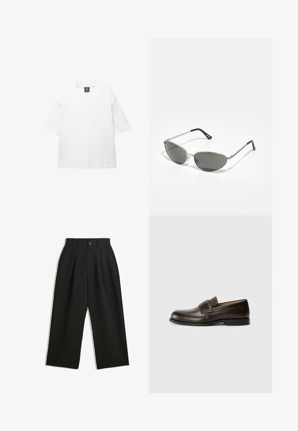 Bijela majica kratkih rukava od pamuka, s okruglim izrezom i opuštenim krojem sa ravnim rubom. Bez uzoraka ili ukrasa.; Crne hlače opuštenog kroja, sa plisama sprijeda, bočnim džepovima i gumbom za zatvaranje. Izrađene od teksturirane tkanine.; Calvin Klein Obuća za navlačenje - cocoa brown; Naočale s modernim srebrnim metalnim okvirom, sivo zaštićenim lećama i aerodinamičnim dizajnom sa oštrim ivicama i tankim nogicama.
