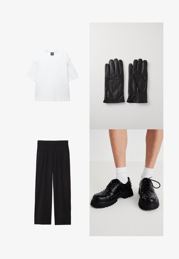 Vit kortärmad t-shirt i bomull, med rund halsringning och avslappnad passform med rak nederkant. Inga mönster eller dekorationer.; Svarta vida byxor med veckad front, sidofickor och en mjuk textur. Designade för en avslappnad passform.; Svarta läderskor med metallnitar, med rundad tå och tjock gummisula. Svarta snören och vita strumpor synliga.; Svarta läderhandskar med fem fingrar, med en slät textur, tre vertikala sömmar på baksidan och en samlad handled för en perfekt passform.