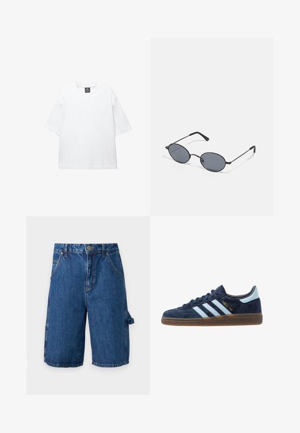 Bela majica s kratkimi rokavi iz bombaža, z okroglo ovratnikom in sproščenim krojem ter ravnim robom. Brez vzorcev ali okrasnih elementov.; Denim kratke hlače v srednje modri barvi, z visokim pasom, dvema sprednjima žepoma in stranskim žepom s pasom. Gladka tekstura, sproščen stil.; Mornarsko modri velur Adidas športni copati z svetlo modrimi črtami, gumijastim podplatom, svetlo modrim petnim jezičkom in zlatim oznako "Spezial" na strani.; Črne ovalne sončna očala s temnimi lečami in tankimi kovinskimi okvirji. Imajo vitke roke z diskretnim ukrivljenjem na koncih.