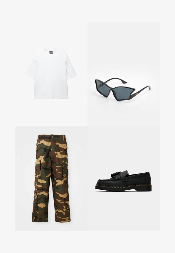 Witte t-shirt met korte mouwen van katoen, met een ronde hals en een relaxte fit met rechte zoom. Geen patronen of versieringen.; Camo cargo pants in groen, bruin en beige. Beschikt over twee grote zijzakken en een knoopsluiting. Gemaakt van textuurstof.; Zwarte leren instapper met kwastjes, gele stiksels langs de zool en een dikke, gegroefde rubberen buitenzool.; Zwarte plastic zonnebril met een geometrische cat-eye vorm, grijze lenzen en gouden accenten op de pootjes. Het hele montuur heeft een gladde textuur.