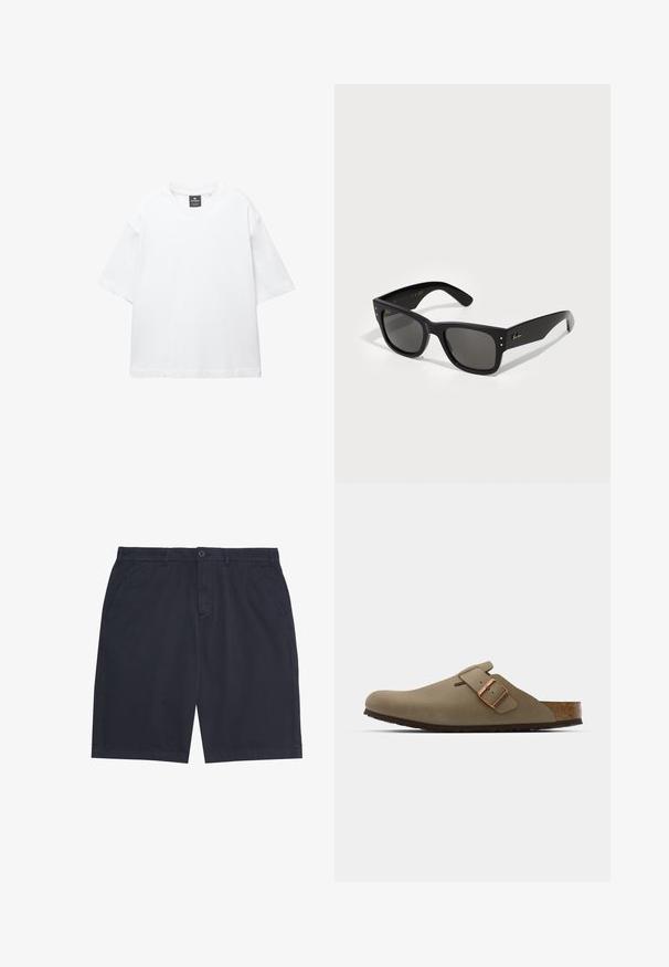 Weißes T-Shirt mit kurzen Ärmeln aus Baumwolle, das über einen Rundhalsausschnitt und einen lockeren Schnitt mit geradem Saum verfügt. Keine Muster oder Verzierungen.; Marineblaue Herren-Casual-Shorts mit Knopfverschluss, Gürtelschlaufen und Seitentaschen, flach auf einem weißen Hintergrund liegend.; Braune Clogs mit einer glatten, matten Oberfläche. Besitzt eine auffällige bronzefarbene Schnalle an der Seite. Korkfußbett und Gummisohle für Komfort.; Schwarze Sonnenbrille mit quadratischem Rahmen, ausgestattet mit dunklen Gläsern. Akzentuiert mit kleinen goldfarbenen Punkten und einem goldenen Logo an den Bügeln. Weiße Oberfläche.
