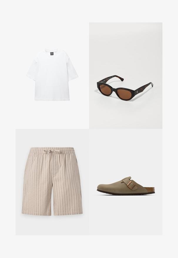 White short-sleeve t-shirt made of cotton, featuring a round neckline and relaxed fit with straight hem. No patterns or embellishments.; Beige striped shorts made of lightweight fabric. Features an elastic waistband with a drawstring and side pockets. Vertical pinstripes detail.; Brown clogs with a smooth, matte finish. Features a prominent bronze buckle on the side. Cork footbed and rubber outsole for comfort.; Black tortoiseshell sunglasses with brown lenses, angular design, and wide arms featuring a subtle logo detail. Smooth plastic texture.