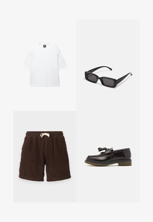 Bijela majica kratkih rukava od pamuka, s okruglim izrezom i opuštenim krojem sa ravnim rubom. Bez uzoraka ili ukrasa.; Smeđi kordura šortsevi s elastičnom waistband, zatvaranjem na vezicu i bočnim džepovima. Tkanina ima vertikalne rebraste uzorke i teksturiranu površinu.; Smeđe kožne mokasine s tkanim dizajnom, detaljem od resica i ravnim gumiranim potplatom. Imaju glatku završnu obradu i kontrastno šivanje.; Crne pravokutne sunčane naočale s tamnim lećama, sjajnim završetkom, širokim drškama i masivnim okvirom. Ugraviran naziv branda na jednoj dršci.